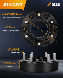 Dynofit 1.5" 6x5.5 Hubcentric Wheel Spacer for Ford Ranger Xlt Lariat Raptor M12x1.5 Size