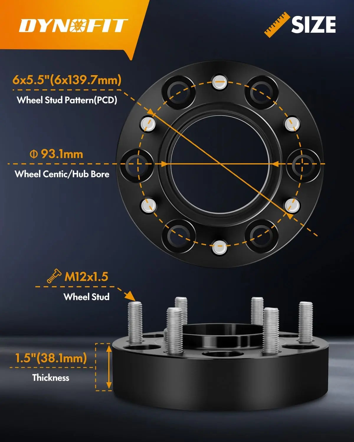 Dynofit 1.5" 6x5.5 Hubcentric Wheel Spacer for Ford Ranger Xlt Lariat Raptor M12x1.5 Size