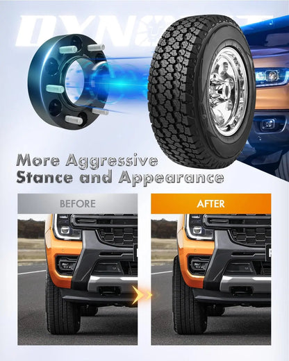 Before and after comparison of a vehicle with aggressive stance and appearance, featuring a tire and wheel.