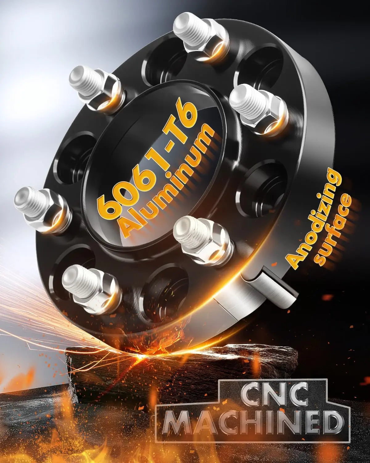 CNC machined aluminum wheel hub with '6061-T6 Aluminum' text and 'CNC Machined' branding.