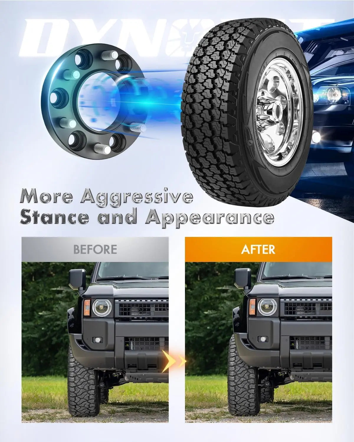 Comparison of a vehicle's appearance before and after installing aggressive wheel spacers Dynofit