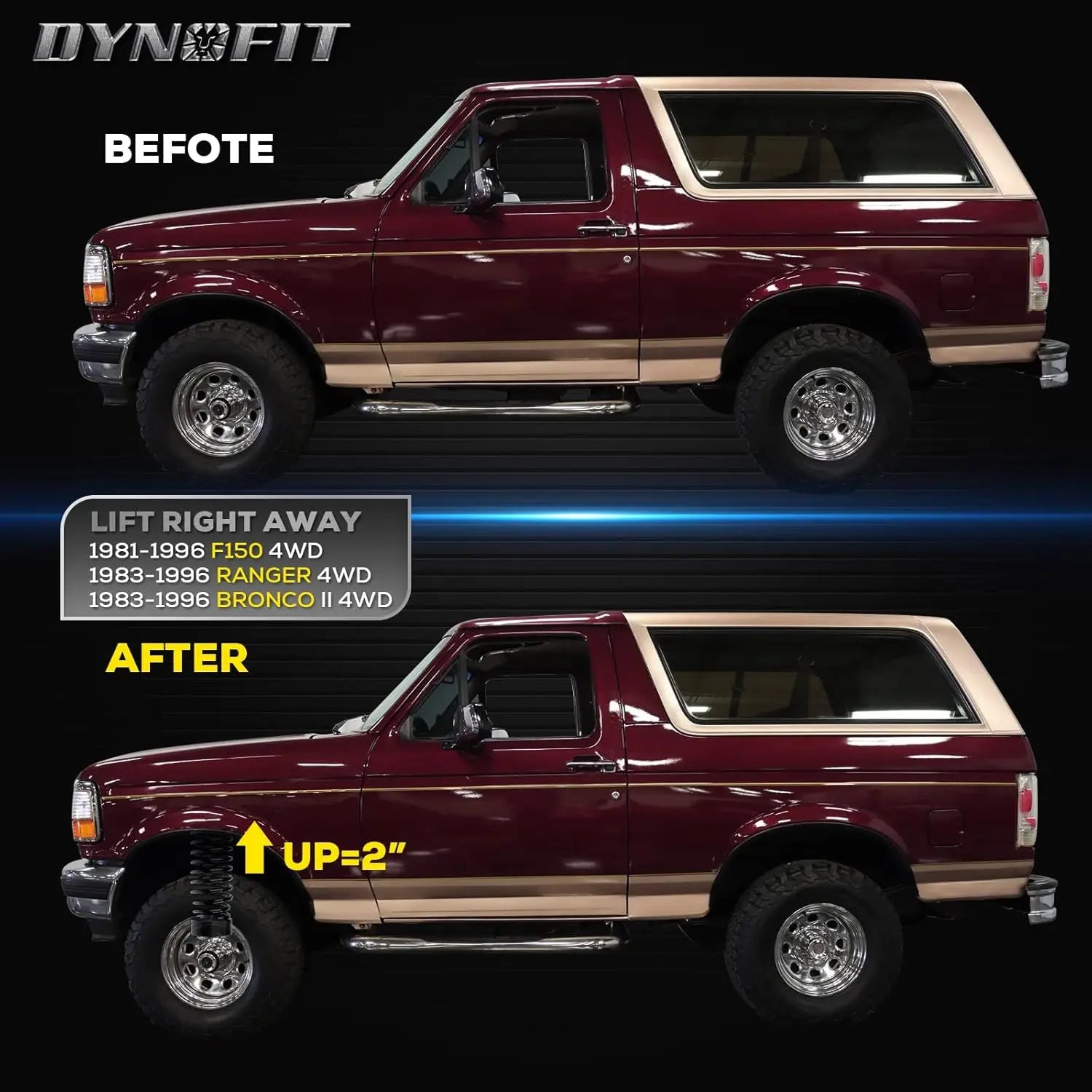 Dynofit 2" Front Leveling Lift Kit for Ford F150 Ranger Bronco II 4WD Fitment