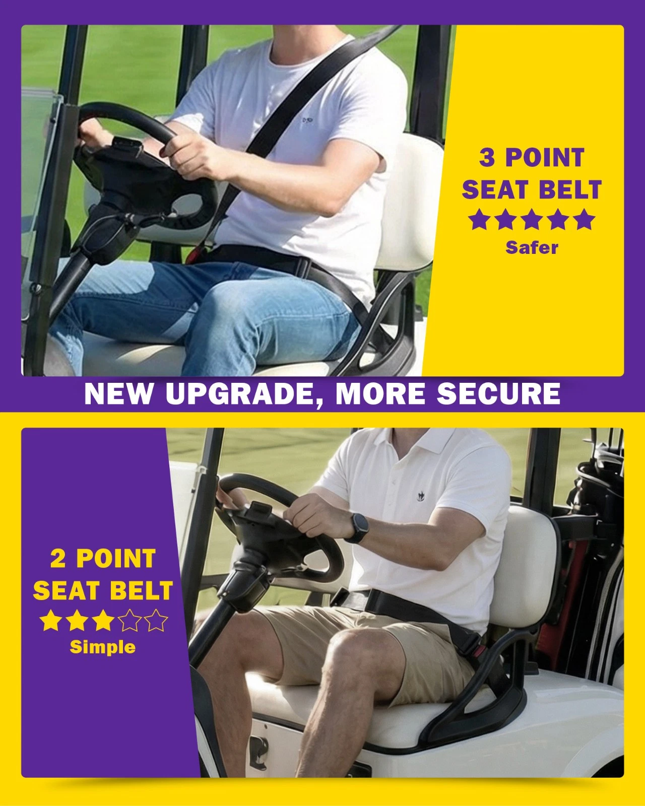 2 Sets Adjustable Retractable 3-Point Seat Belt Kit for Club Car Golf Carts, Forklifts & Trucks