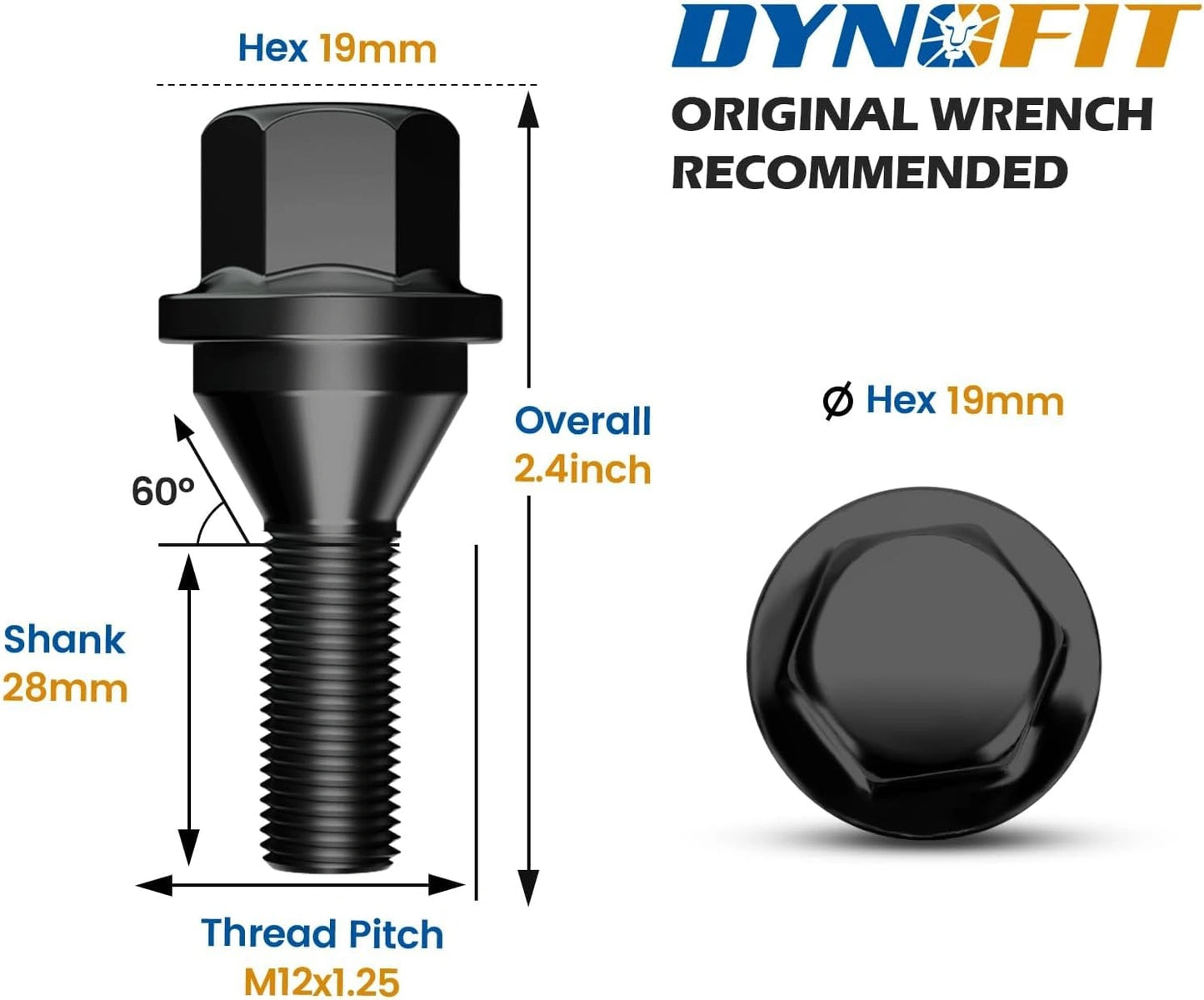 Dynofit 20pcs M12x1.25 OEM Wheel Lug Bolts for Jeep Compass Dodge Dart Size