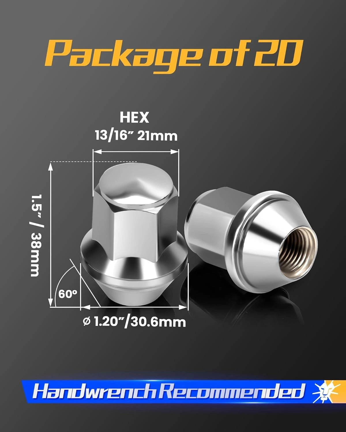 Dynofit M14x1.5 Chrome Lug Nuts for 2015-2023 Ford Mustang Edge size