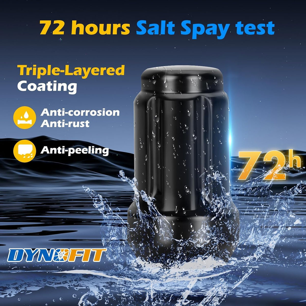 DYNOFIT black lug nut with triple-layer coating and 72-hour salt spray resistance against corrosion, rust and peeling