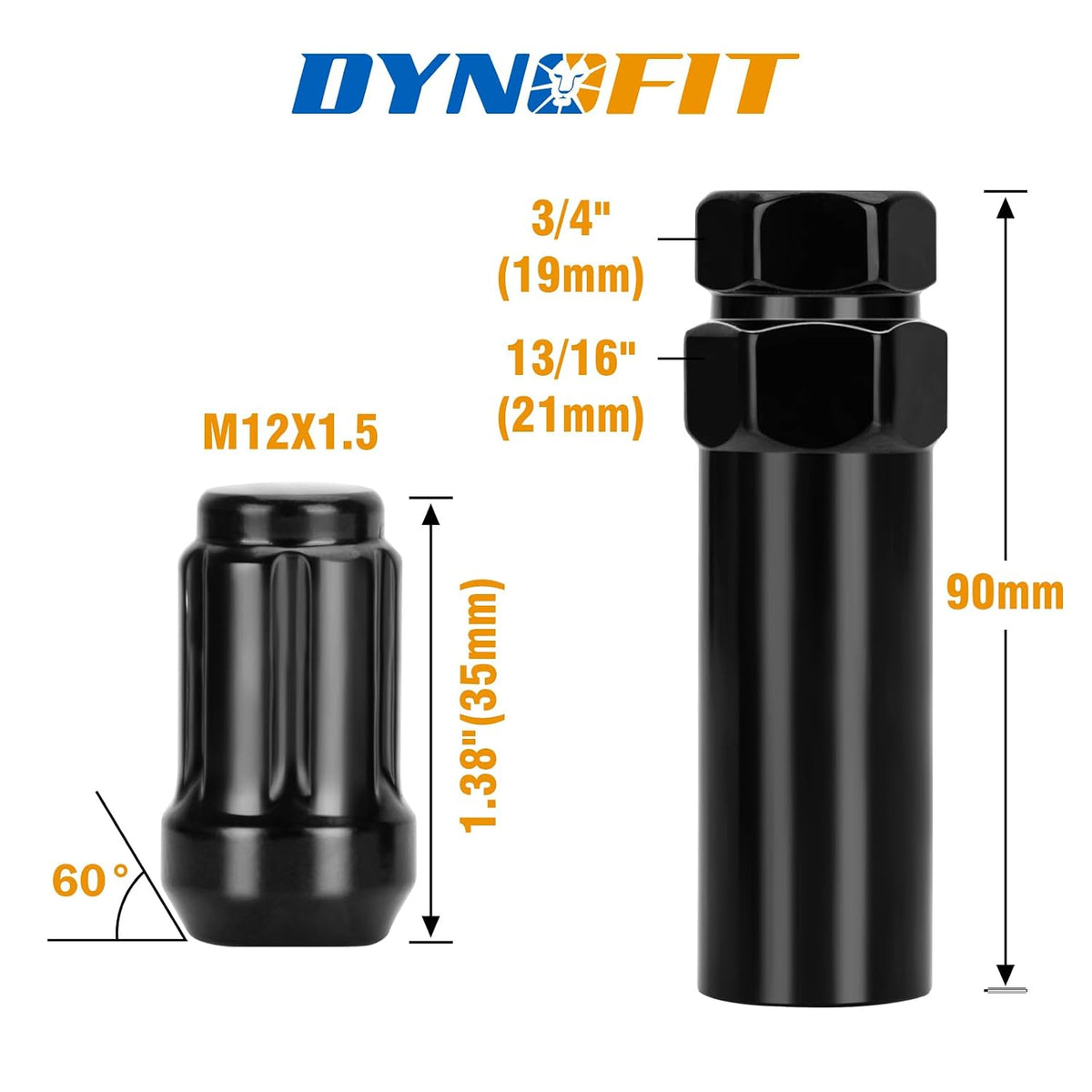 M12x1.5 black lug nuts with 60-degree conical seat, 35mm length, 19mm and 21mm hex sizes, and 90mm installation key