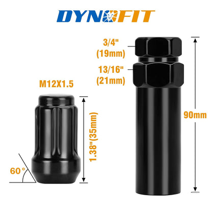 M12x1.5 black lug nuts with 60-degree conical seat, 35mm length, 19mm and 21mm hex sizes, and 90mm installation key