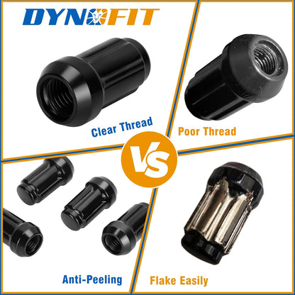 DYNOFIT M12x1.5 black lug nuts with clean internal threads and durable anti-peeling coating compared with lower-quality lug nuts