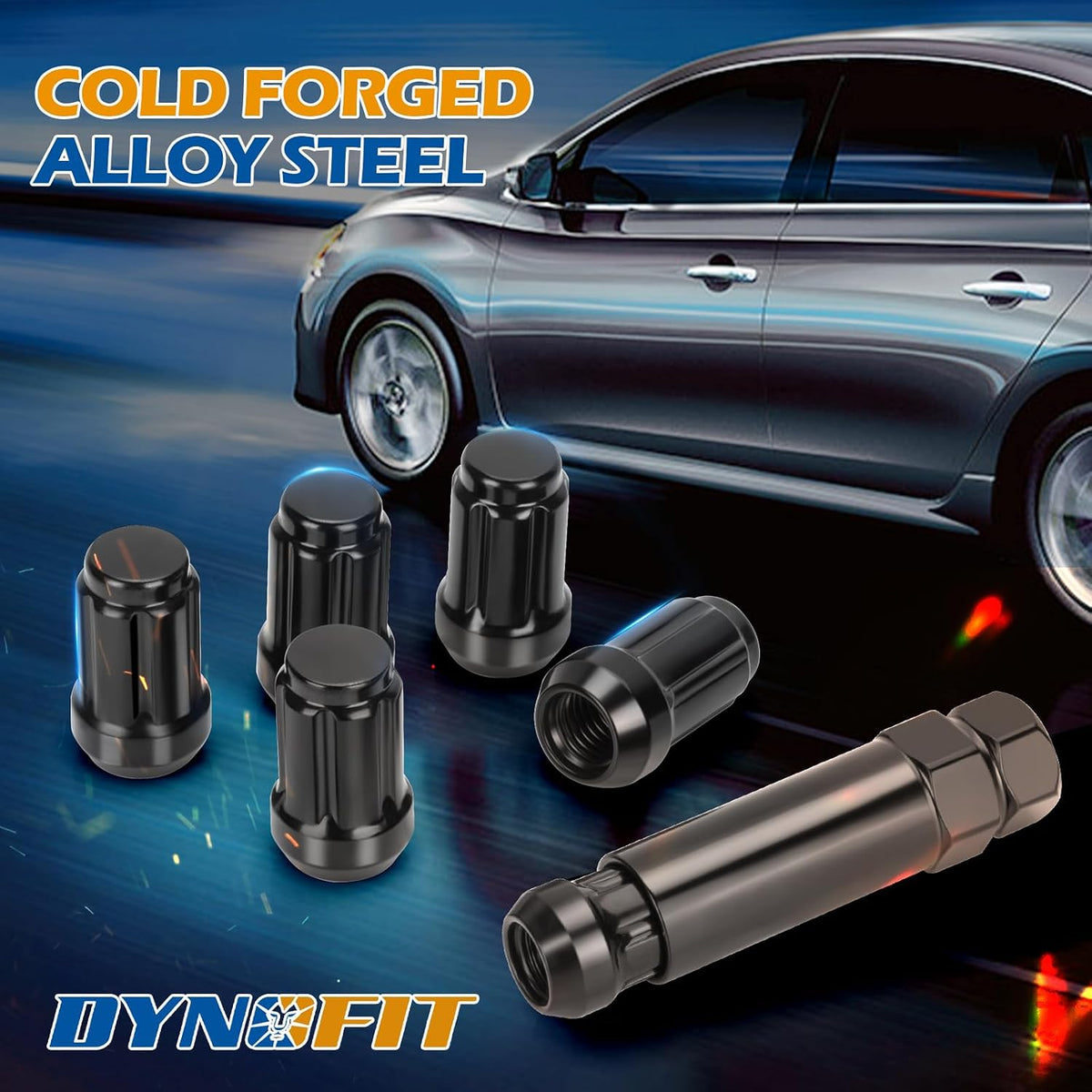 DYNOFIT cold-forged alloy steel M12x1.5 black lug nuts with matching installation socket key for aftermarket wheels