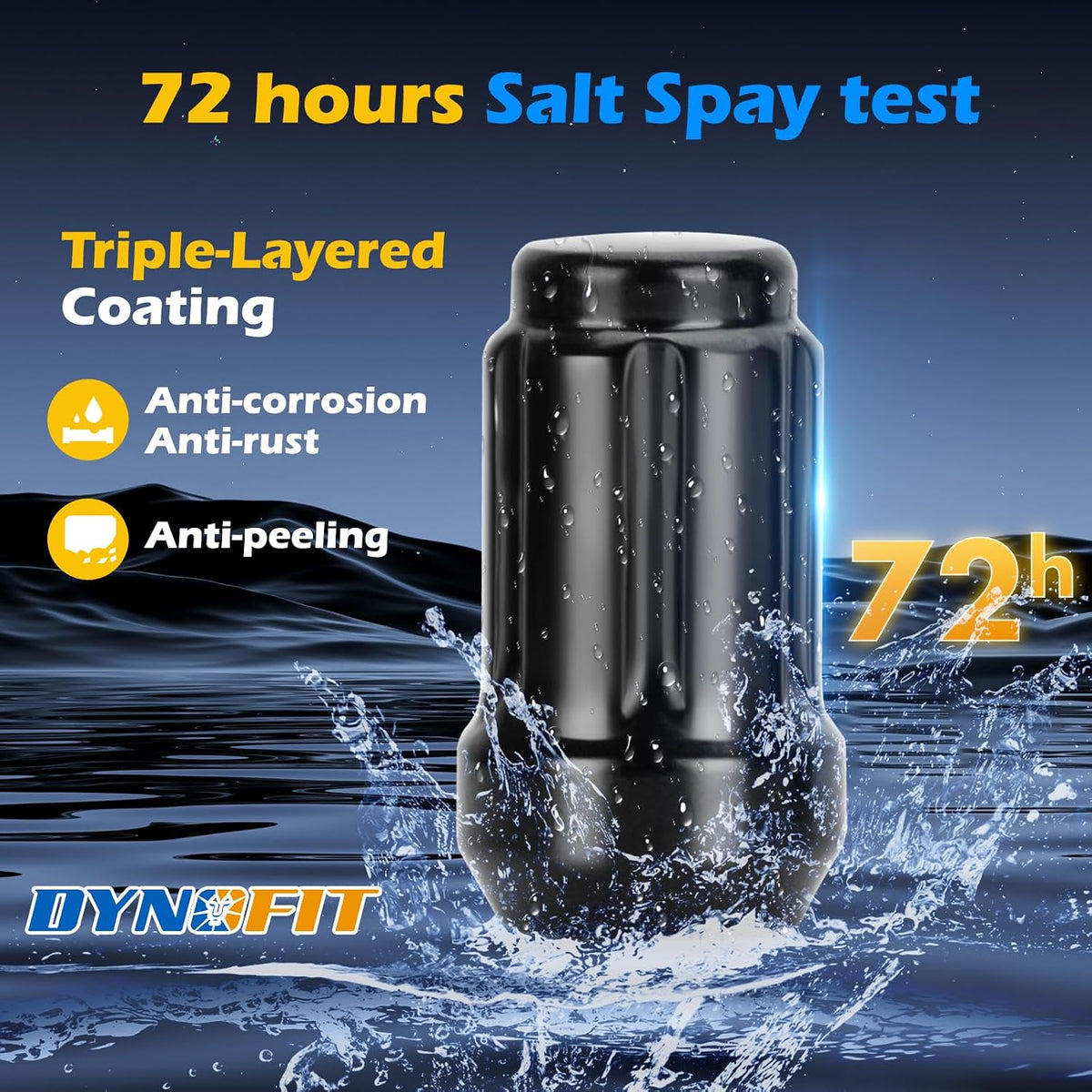 DYNOFIT black lug nut with triple-layer coating tested for 72-hour salt spray resistance against corrosion, rust and peeling