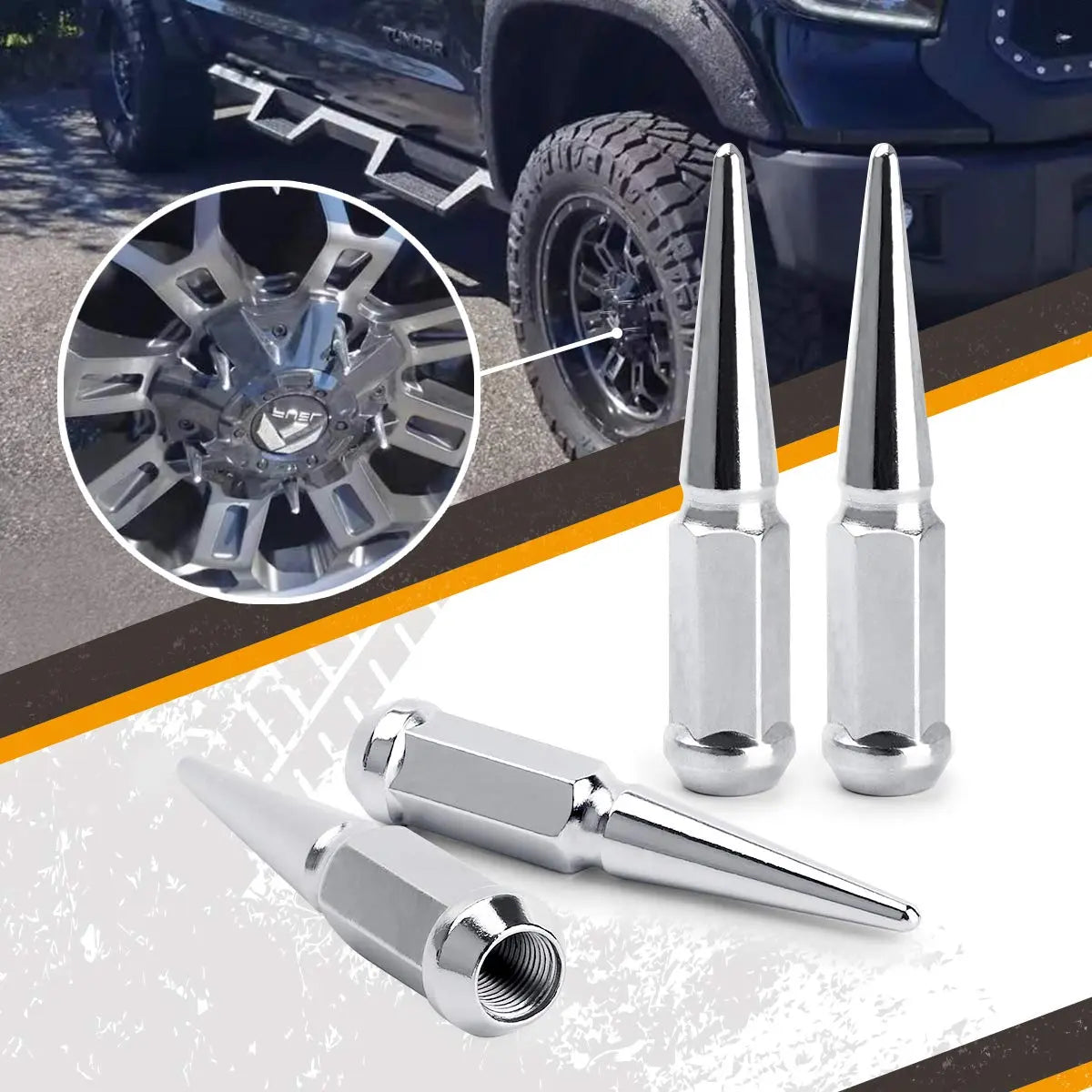 Dynofit Chrome spike wheel nuts with a close-up of a car wheel on a textured surface.