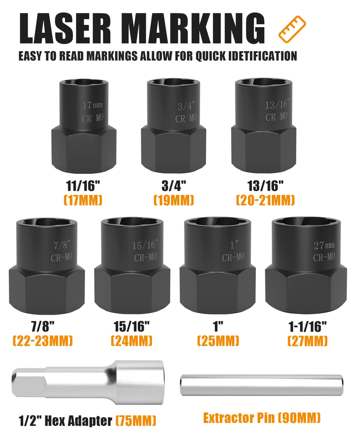 Dynofit 9-Piece Bolt Extractor Set, 1/2-Inch Drive, 17–27 mm