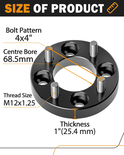 Dynofit 1-Inch Wheel Spacers for Yamaha Golf Carts, 4 x 4, M12 x 1.25, 4-Pack
