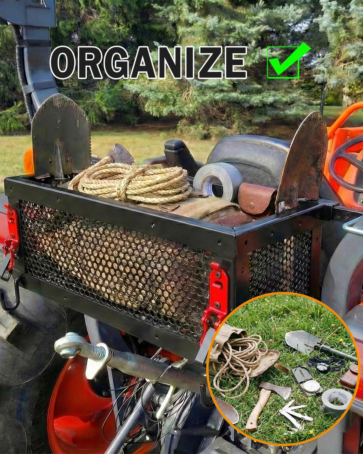 Dynofit Tractor ROPS Tool Basket with 6 Hooks & Mounting Clamps
