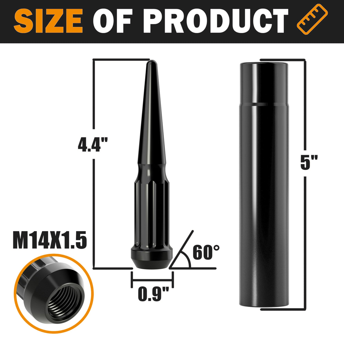 Dynofit M14 x 1.5 Spike Lug Nuts with Key, Black, 32-Pack