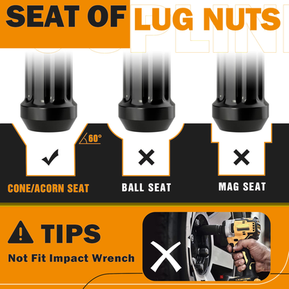 Dynofit M14 x 1.5 Spike Lug Nuts with Key, Black, 32-Pack